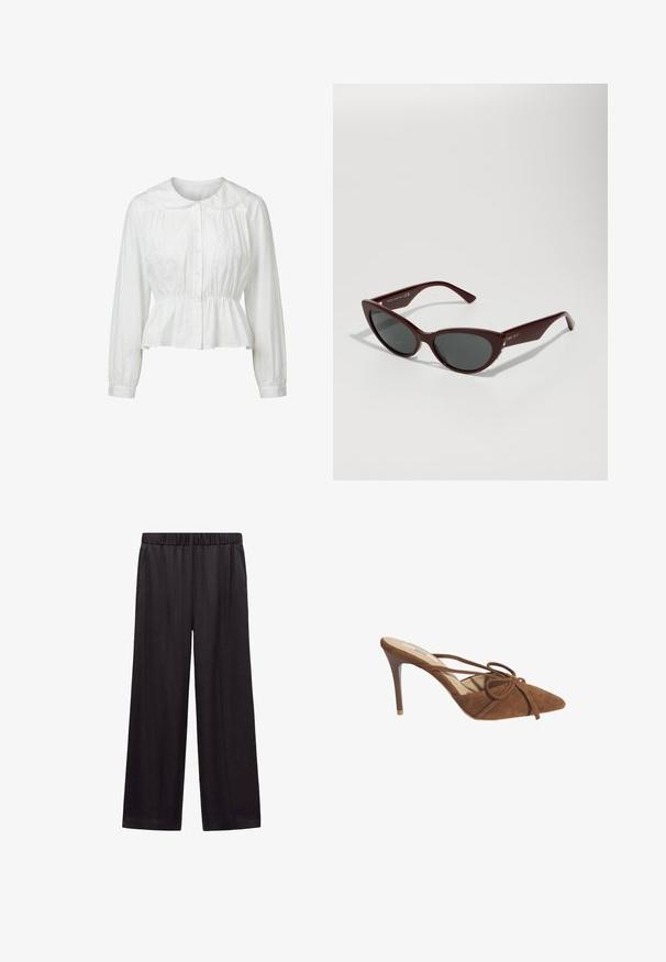 Weiße Bluse mit langem Ärmel, Knopfleiste vorne, elastischem Bund, Spitzenbesatz und dezentem Blumenstick auf der Brust.; Schwarze Hosen mit weitem Bein, elastischem Bund und Seitentaschen, aus glattem Stoff gefertigt, der für Komfort und lässiges Tragen konzipiert ist.; Desa Pantolette hoch - brown; Burgunderfarbene Cat-Eye-Sonnenbrille mit dunklen Gläsern, glatten Kunststoffrahmen und goldenen Akzenten an den Seiten. Stilvolles und kantiges Design.