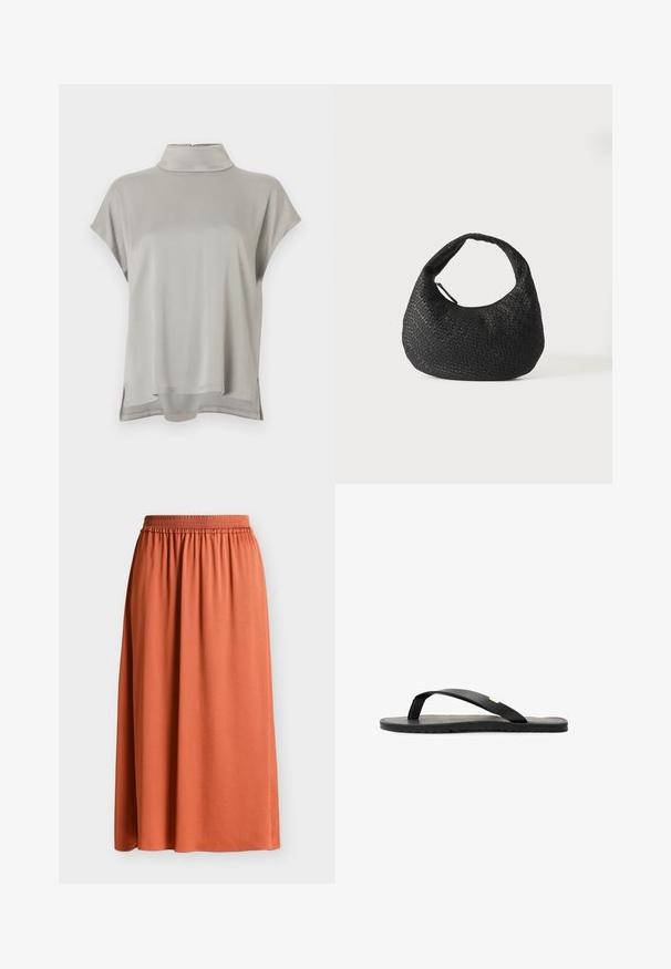 Blouse gris clair à manches courtes avec col montant et fentes sur les côtés, confectionnée dans un tissu doux et fluide avec un ourlet arrière légèrement plus long.; Jupe midi orange rouille avec taille élastique froncée et tissu lisse et fluide sur fond uni.; Tongs noires avec une semelle plate, une semelle intérieure texturée noire, des sangles lisses et un petit accent doré près du séparateur de orteils.; Sac à main en cuir tressé noir avec une poignée courbée et un corps en forme de croissant, présenté sur un fond blanc uni.