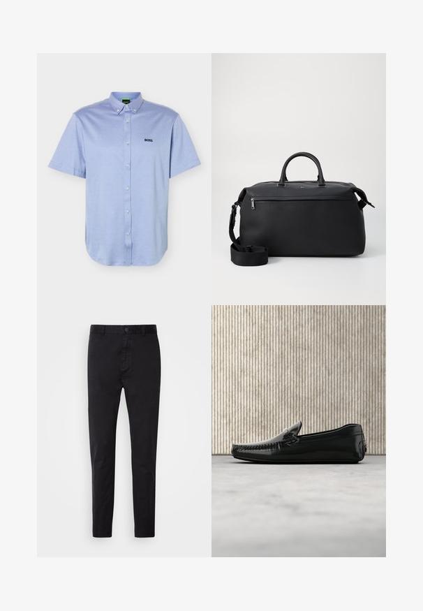 Lyseblå kortærmet skjorte med knapper og knaplukning ved kraven samt "BOSS"-logo broderet på venstre bryst.; Sort chinos med en glat overflade, knaplukning og tætsiddende design. Ideel til afslappet eller semi-formelt tøj.; Sorte læder loafers med en blank overflade, rund tå og dekorativt hardware foran. Lavprofil gummisål. Glat tekstur.; Sort læder duffel taske med to top hanke, en aftagelig skulderrem og en lynlåslomme foran til ekstra opbevaring.