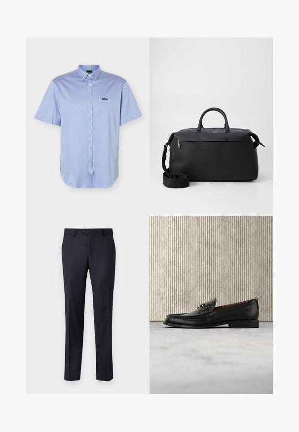 Hellblaues kurzärmliges Hemd mit Knopfleiste, einem Button-Down-Kragen und dem "BOSS"-Logo, das auf der linken Brust stickt ist.; Navyblaue maßgeschneiderte Hose aus einem strukturieren Stoff mit einem dezenten Karomuster, ausgestattet mit einem Knopfverschluss und geradem Bein.; Schwarzer Lederloafer mit goldfarbenem Metallbit und "HUGO"-Markenlogo, präsentiert vor einem beigen Teppich und braunen durchsichtigen Möbelstücken.; Schwarze Leder-Reisetasche mit zwei Oberhandgriffen, einem abnehmbaren Schultergurt und einer Reißverschlusstasche auf der Vorderseite für zusätzlichen Stauraum.
