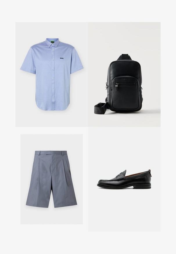 Chemise bleu clair à manches courtes avec boutons et col boutonné, avec le logo "BOSS" brodé sur la poitrine gauche.; Shorts gris longueur genou avec passants de ceinture, plis avant et fermeture éclair dissimulée, présentés sur un fond blanc uni.; Mocassin homme en cuir noir avec couture moc toe, bride penny, col texturé et petit talon empilé sur fond blanc.; Sac bandoulière en cuir noir texturé avec poche zippée à l'avant, sangle réglable et logo de marque discret sur fond blanc.
