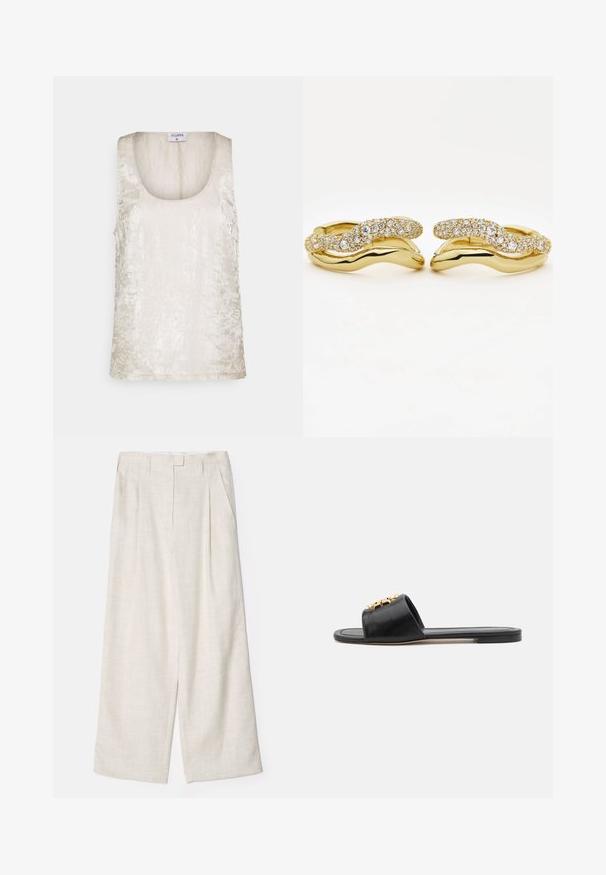 Filippa K CRINKLED TANK - Toppi - white; Vaaleanbeige, leveälahkeiset housut, jotka on valmistettu kevyestä, teksturoidusta kankaasta. Ominaisuuksiin kuuluu pleidatut etupuoli ja muotoiltu vyötärö, joka takaa rakenteellisen istuvuuden.; Mustat nahkakengät, joissa on avoin varvas, litteä pohja ja koristeellinen kultainen yksityiskohta yläosassa. Sileä pinta yksinkertaisella suunnittelulla.; Pari kultaisia rengaskorvakoruja, joissa on kietoutuneet sileät ja timantein koristellut aaltoilevat nauhat, esitetty vierekkäin valkoisella taustalla.