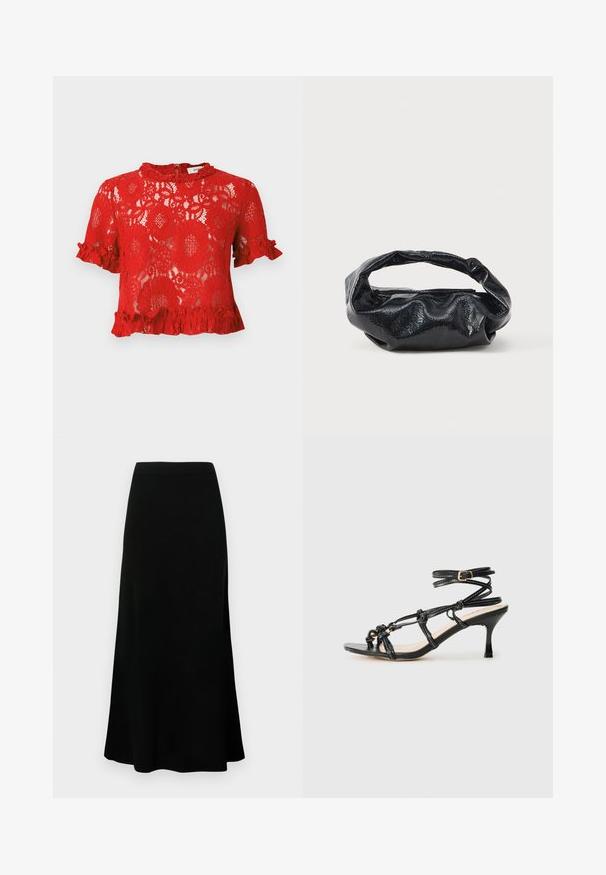 Punane pitsist topp lühikeste volangkäistega, laineline dekoltee, lillemuster ja lõtv, lühike lõige. Tekstuurilised detailid suurendavad visuaalset sügavust.; Must have midi-seelik, millel on liibuv vöökoht, laienev alläär, sile tekstuur ning puuduvad nähtavad mustrid või aksessuaarid.; Must musta kõrgusaabastega sandaalid mustast lakknahast, millel on rihmadega disain, reguleeritav pahkluu rihm ja sõlmega detailid. Sile tekstuur, terav nina.; Must have kõrge läikega struktuurse materjaliga must käekott, millel on ümmargune, keeratud sang ja tõmblukk. Omab pehmet, kortsulist disaini.