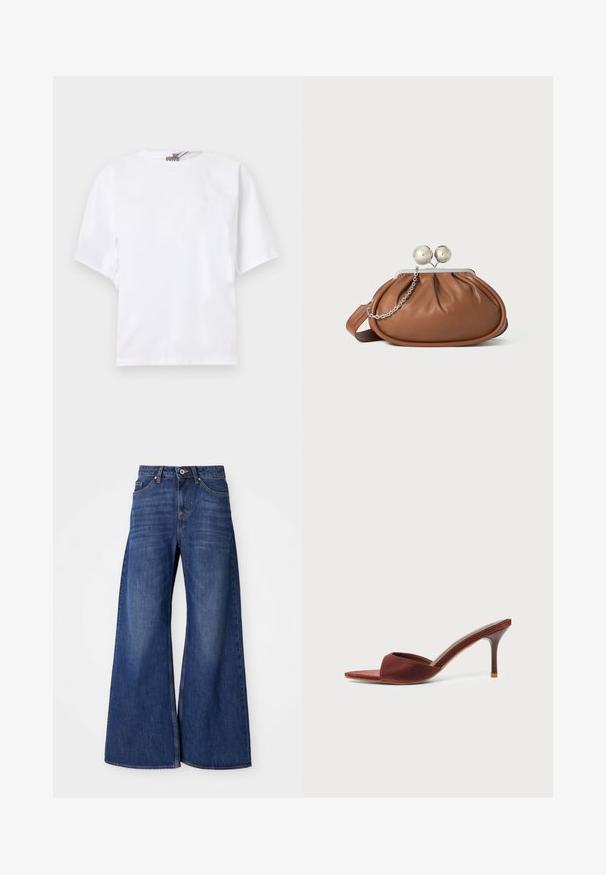 Hvid kortærmet t-shirt med rund hals, afslappet pasform og diskret rynkedetalje på siderne, vist mod en lys baggrund.; Bredde denimjeans i mørkeblå, med et klassisk fem-lomme design, knaplukning og subtle whiskering langs lårene.; Brun ruskind højhælet mule med spids tå og tynd stilet hæl på en ensartet lys baggrund.; Brun læder clutch-pung med sølv kugleklap og en lille sølv kædedetalje på en hvid baggrund.