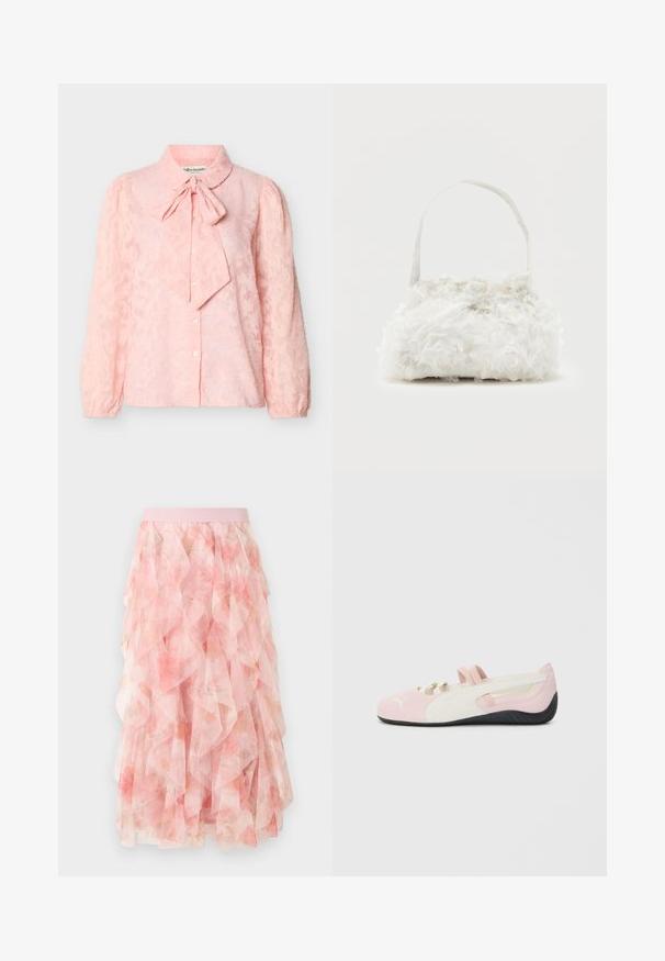 Lichtroze blouse met lange mouwen en een subtiel bloemmotief, knoopsluiting aan de voorkant, opgeblazen schouders en een strikboord.; Roze midi rok van gelaagde tule met bloemenpatroon en elastische tailleband, voorzien van zachte gerimpelde texturen.; Roze suede instapper met witte accenten, rubberen zool en elastische bandjes. Kenmerkt zich door een gestructureerd ontwerp en een klein logo aan de voorkant.; Kleine witte handtas met stoffen rozen die het geheel bedekken en een dunne, enkele band als handvat, op een effen achtergrond.