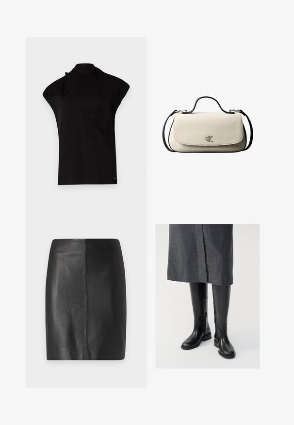 Sort, højhalset top med korte ærmer, der har et asymmetrisk design og et langt halsbånd. Lavet af glat stof med et minimalistisk udtryk.; Sort lædernederdel med en tætsiddende design og glat tekstur, der har en central søm ned fronten og en ren, minimalistisk silhuet.; Knæhøje sorte læderstøvler med en glat tekstur, lynlåse i siden og en flad sål. Støvlerne har et struktureret skaft og minimalt hardware.; Cremefarvet rektangulær håndtaske med sort rem og håndtag, foran klaplukning samt lille sølvfarvet "cK" logo midt foran.