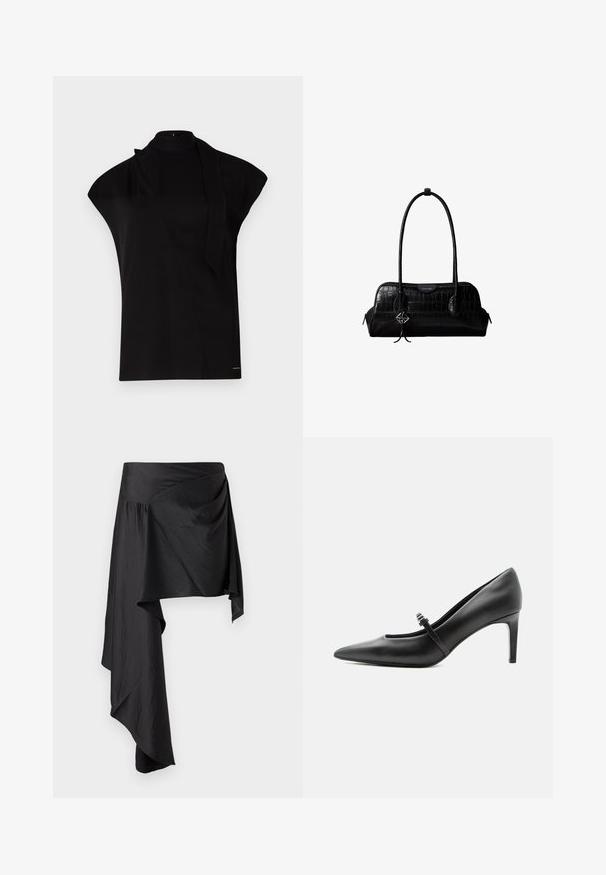 Sort, højhalset top med korte ærmer, der har et asymmetrisk design og et langt halsbånd. Lavet af glat stof med et minimalistisk udtryk.; Sort omslagskørt lavet af glat, letvægtsstof. Har en asymmetrisk kant og sammensat detaljering i taljen for en flydende silhuet.; Sort læderspids højhælede sko med tynd rem og spænde over vristen, stående på en neutral lys baggrund.; Sort skuldertaske i krokodillelæder med lange stropper og lille sølvlogo-charm på den ene strop.