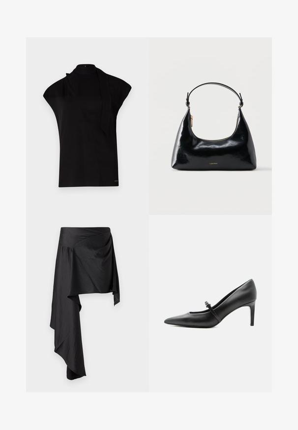 Sort, højhalset top med korte ærmer, der har et asymmetrisk design og et langt halsbånd. Lavet af glat stof med et minimalistisk udtryk.; Sort omslagskørt lavet af glat, letvægtsstof. Har en asymmetrisk kant og sammensat detaljering i taljen for en flydende silhuet.; Sort læderspids højhælede sko med tynd rem og spænde over vristen, stående på en neutral lys baggrund.; Sort blank Calvin Klein håndtaske med gyldent lynlås og kort rem mod en ensfarvet hvid baggrund.