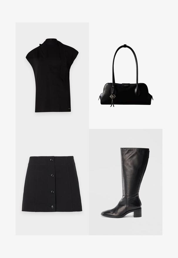Top noir à col montant avec manches courtes, présentant un design asymétrique et une longue cravate. Fabriqué en tissu lisse au look minimaliste.; Mini-jupe boutonnée noire en coton, avec une coupe droite, six boutons noirs sur le devant, et une texture lisse.; Botte noire en cuir montante, avec un bout carré, un talon large et un design épuré. Texture lisse avec une fermeture éclair sur le côté pour un enfilage facile.; Sac à main en cuir noir Calvin Klein avec de longues anses, une étiquette logo à l'avant et un charme géométrique argenté suspendu à une anse.