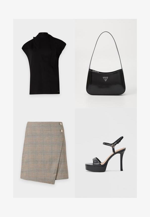 Top noir à col montant avec manches courtes, présentant un design asymétrique et une longue cravate. Fabriqué en tissu lisse au look minimaliste.; Jupe enveloppante à carreaux gris avec des lignes orange, marron et crème. Présente deux grands boutons décoratifs à la taille et une finition soignée.; Sandales à plateforme noires avec un talon haut stilettos, dotées d'une tige en cuir lisse, d'un bout ouvert et d'une bride de cheville ajustable avec ferrures.; Sac à épaule en cuir verni noir avec une forme incurvée, présentant un logo triangle en argent et une fermeture éclair. Texture lisse et bandoulière fine.
