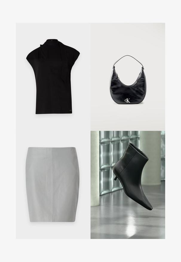 Top noir à col montant avec manches courtes, présentant un design asymétrique et une longue cravate. Fabriqué en tissu lisse au look minimaliste.; Jupe crayon en cuir gris avec une texture lisse, présentant un design simple et une couture centrale se prolongeant verticalement à l'arrière.; Bottine en cuir noir à bout pointu et petit talon kitten, présentée en angle devant un sol poli et un mur en blocs de verre.; Sac à main en cuir noir en forme de croissant avec une sangle courte et un logo "cK" argenté sur le devant, fermeture éclair en haut.