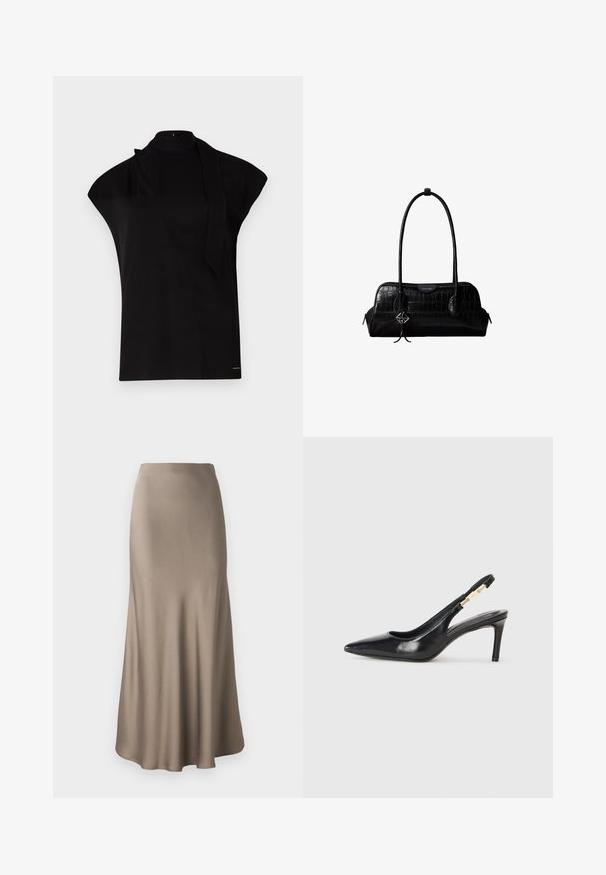 Sort, højhalset top med korte ærmer, der har et asymmetrisk design og et langt halsbånd. Lavet af glat stof med et minimalistisk udtryk.; Lang brun satin nederdel med en glat tekstur, der har en flydende silhuet og en let udvidet kant. Ingen synlig hardware eller mønstre.; Sort læder slingback højhælede sko med spidse tæer, glat overflade og en smal ankelrem med guldfarvede hardware detaljer.; Sort skuldertaske i krokodillelæder med lange stropper og lille sølvlogo-charm på den ene strop.