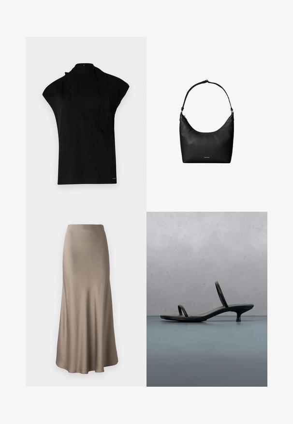 Sort, højhalset top med korte ærmer, der har et asymmetrisk design og et langt halsbånd. Lavet af glat stof med et minimalistisk udtryk.; Lang brun satin nederdel med en glat tekstur, der har en flydende silhuet og en let udvidet kant. Ingen synlig hardware eller mønstre.; Sort Calvin Klein sandal med hæl og tynde stropper, balancerende på træfliser udendørs nær en væg og grønne planter.; Sort tekstureret læder skuldertaske med en enkelt rem og et lille Calvin Klein-logo foran i midten.