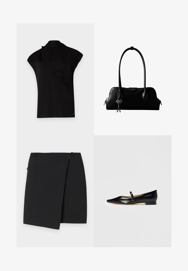 Sort, højhalset top med korte ærmer, der har et asymmetrisk design og et langt halsbånd. Lavet af glat stof med et minimalistisk udtryk.; Sort omslag nederdel med en glat tekstur, der har en lynlås i siden og to bæltestropper. Simpelt design uden synlige mønstre eller detaljer.; Sorte patenterede læder Mary Jane flade sko med spids tå, én rem og lav hæl på ensfarvet baggrund.; Sort lædertaske fra Calvin Klein med lange håndtag, en forside-logo-tag og en sølv geometrisk vedhæng, der hænger fra det ene håndtag.
