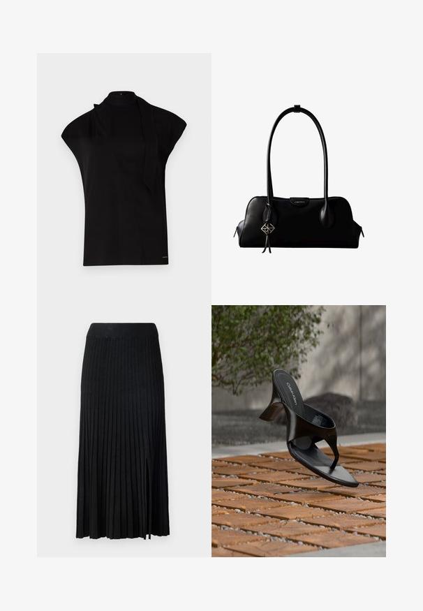 Zwarte top met hoge hals en kapmouwen, met een asymmetrisch ontwerp en een lange nekband. Gemaakt van een gladde stof met een minimalistische uitstraling.; Zwarte geplooide midi-rok met geribde tailleband, voorzien van een textuurstof, een zijspleet en verticale lijnen door het ontwerp.; Zwarte Calvin Klein hoge hak teenslipper die zweeft boven een betegeld buitenterrein met groen en een betonnen muur op de achtergrond.; Zwarte leren Calvin Klein handtas met lange hengsels, een logo-label aan de voorkant en een zilverkleurige geometrische hanger die aan één hengsel hangt.