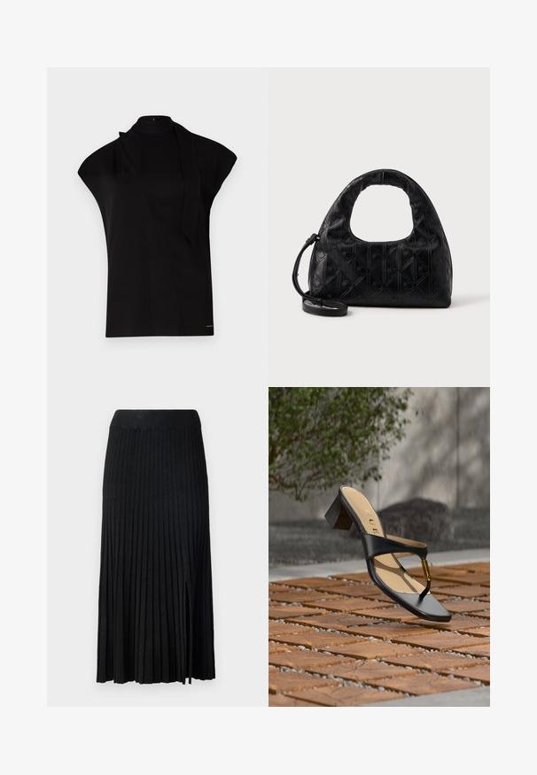 Sort, højhalset top med korte ærmer, der har et asymmetrisk design og et langt halsbånd. Lavet af glat stof med et minimalistisk udtryk.; Sort plisseret midi-nederdel med ribbet talje, der har tekstureret stof, sidelæg og lodrette linjer gennem hele designet.; Sort hælsandal med tå-loop og gyldent accent, placeret på en træ- og stenbelagt overflade udendørs nær grønne områder.; Sort læderhåndtaske med et buet topgreb, subtil diamantmønster og en aftagelig rem. Teksturen er glat med prægede detaljer.