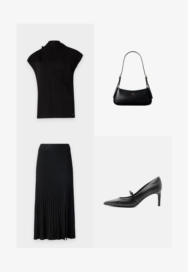 Sort, højhalset top med korte ærmer, der har et asymmetrisk design og et langt halsbånd. Lavet af glat stof med et minimalistisk udtryk.; Sort plisseret midi-nederdel med ribbet talje, der har tekstureret stof, sidelæg og lodrette linjer gennem hele designet.; Sort læderspids højhælede sko med tynd rem og spænde over vristen, stående på en neutral lys baggrund.; Sort læder mini skuldertaske med tynd rem og lille gyldent CK-logo på fronten i midten.