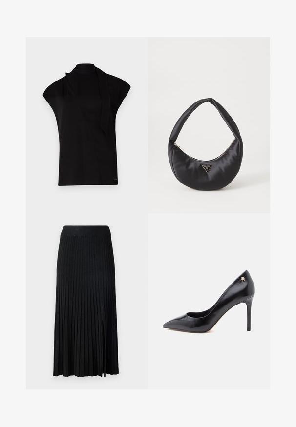 Top noir à col montant avec manches courtes, présentant un design asymétrique et une longue cravate. Fabriqué en tissu lisse au look minimaliste.; Jupe midi plissée noire avec ceinture côtelée, présentant un tissu texturé, une fente latérale et des lignes verticales sur l'ensemble du design.; Escarpin en cuir noir à talon haut avec un bout pointu, présentant un design ajouré et un petit logo doré sur le talon.; Sac à main en satin noir avec une forme courbée, doté d'une fermeture à glissière et d'un logo triangulaire en métal à l'avant. Texture lisse et design épuré.