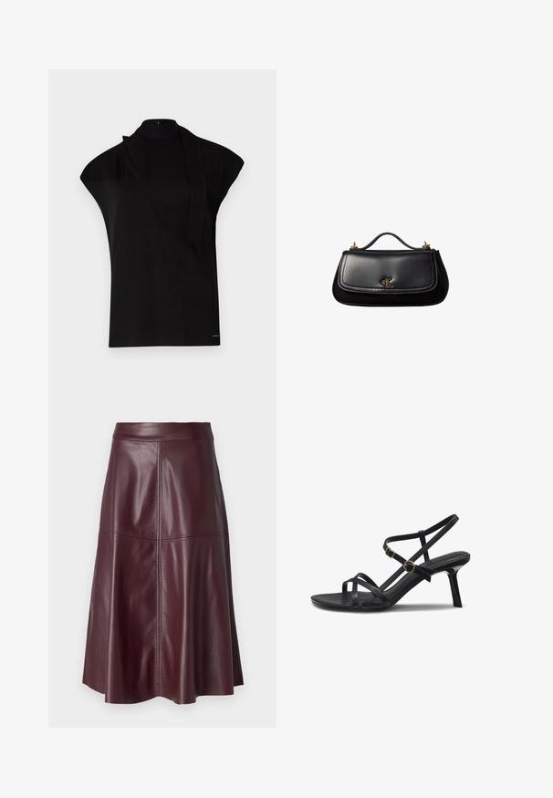 Schwarzes, hochgeschlossenes Oberteil mit kurzen Ärmeln, das ein asymmetrisches Design und eine lange Halsschleife aufweist. Hergestellt aus glattem Stoff mit einem minimalistischen Look.; Dunkelburgunderfarbener knielanger A-Linien-Lederrrock mit sichtbaren vertikalen und horizontalen Nahtdetails.; Schwarze Riemchensandale aus Leder mit zwei goldenen Schnallen und einem mittelhohen Stiletto-Absatz vor weißem Hintergrund.; Schwarze Lederhandtasche mit kleinem Griff, goldfarbenem "cK" Logo auf der Frontklappe und goldfarbenen Hardware-Akzenten.