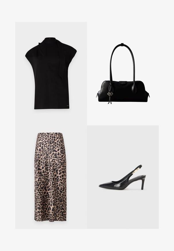 Sort, højhalset top med korte ærmer, der har et asymmetrisk design og et langt halsbånd. Lavet af glat stof med et minimalistisk udtryk.; Leopardprint satin nederdel med høj talje, knælang silhuet, blank tekstur og en flydende design.; Sort læder slingback højhælede sko med spidse tæer, glat overflade og en smal ankelrem med guldfarvede hardware detaljer.; Sort lædertaske fra Calvin Klein med lange håndtag, en forside-logo-tag og en sølv geometrisk vedhæng, der hænger fra det ene håndtag.