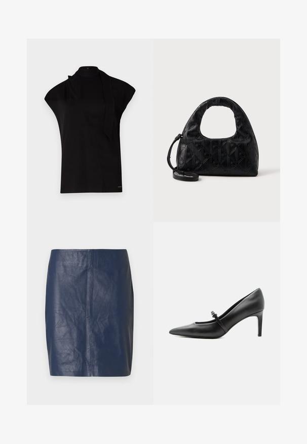Schwarzes, hochgeschlossenes Oberteil mit kurzen Ärmeln, das ein asymmetrisches Design und eine lange Halsschleife aufweist. Hergestellt aus glattem Stoff mit einem minimalistischen Look.; Marineblauer Minirock aus Leder mit glatter Textur, geradem Schnitt und minimalen Nahtdetails an den Seiten.; Schwarzer Leder-Pumps mit spitzer Zehenpartie, dünnem Riemen und Schnalle über dem Spann, stehend auf hellem neutralem Hintergrund.; Schwarze Lederhandtasche mit einem geschwungenen Schultergriff, subtilen Rautenmuster und einem abnehmbaren Schulterriemen. Die Textur ist glatt mit geprägten Details.