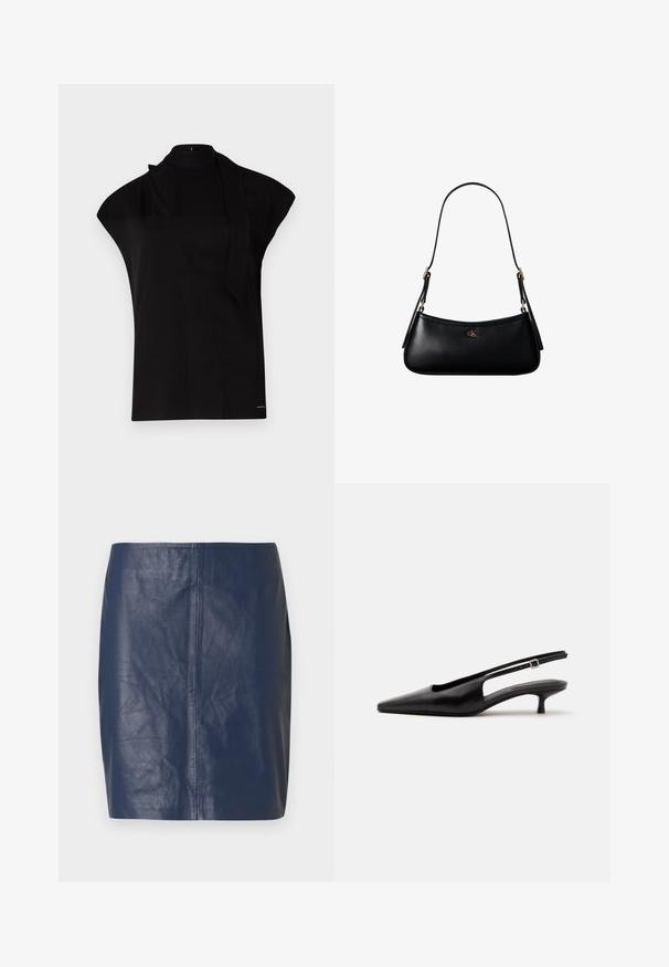 Sort, højhalset top med korte ærmer, der har et asymmetrisk design og et langt halsbånd. Lavet af glat stof med et minimalistisk udtryk.; Marineblå mininederdel i læder med en glat tekstur, lige snit og minimale syningsdetaljer på siderne.; Sort læder slingback sko med spids tå og lav lille hæl på en ensartet lys baggrund.; Sort læder mini skuldertaske med tynd rem og lille gyldent CK-logo på fronten i midten.