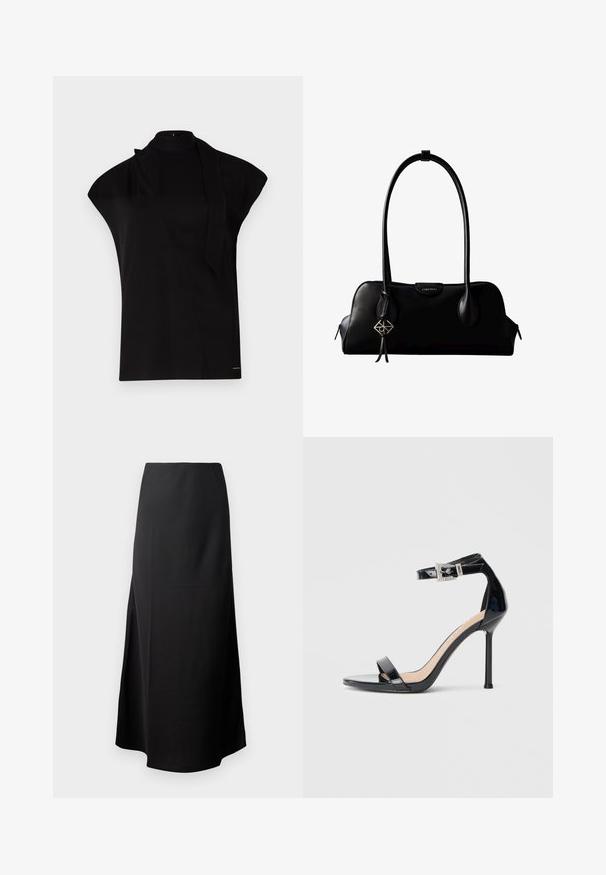 Top noir à col montant avec manches courtes, présentant un design asymétrique et une longue cravate. Fabriqué en tissu lisse au look minimaliste.; Jupe midi noire avec une texture lisse, conçue avec une taille haute et une fente sur le côté, présentant une silhouette simple et sans ornements.; Sandale à talon haut en cuir verni noir avec bride à la cheville. Présente un design minimaliste, un bout ouvert et une boucle ornée de strass.; Sac à main en cuir noir Calvin Klein avec de longues anses, une étiquette logo à l'avant et un charme géométrique argenté suspendu à une anse.