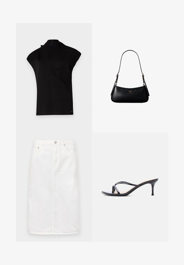 Zwarte top met hoge hals en kapmouwen, met een asymmetrisch ontwerp en een lange nekband. Gemaakt van een gladde stof met een minimalistische uitstraling.; Witte denim rok met een ritssluiting aan de voorkant, vijf-pocket ontwerp en een rechte silhoutte met stikselaccenten.; Zwarte laklederen sandaal met hakken, dunne gekruiste bandjes en een slanke, middelhoog stilettohak op een witte achtergrond.; Zwarte leren mini schoudertas met een dun riempje en klein goudkleurig CK-logo aan de voorkant in het midden.