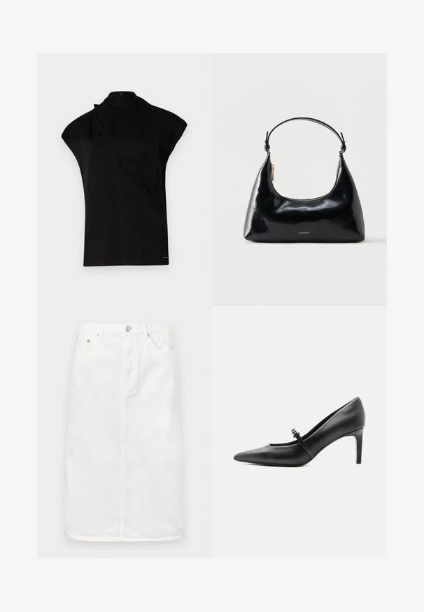 Sort, højhalset top med korte ærmer, der har et asymmetrisk design og et langt halsbånd. Lavet af glat stof med et minimalistisk udtryk.; Hvid denimnederdel med lynlås foran, fem lomme-design og lige silhuet med stikninger.; Sort læderspids højhælede sko med tynd rem og spænde over vristen, stående på en neutral lys baggrund.; Sort blank Calvin Klein håndtaske med gyldent lynlås og kort rem mod en ensfarvet hvid baggrund.