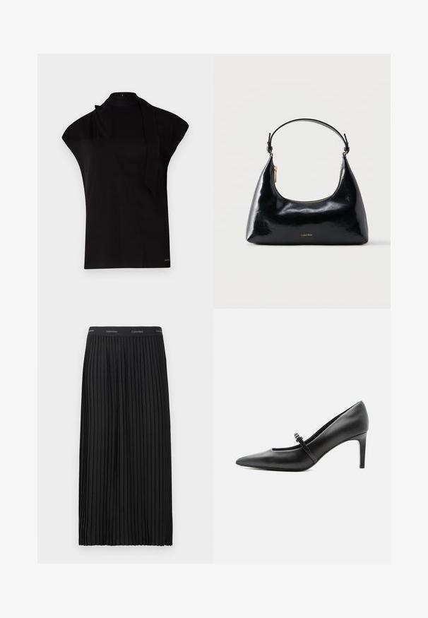Zwarte top met hoge hals en kapmouwen, met een asymmetrisch ontwerp en een lange nekband. Gemaakt van een gladde stof met een minimalistische uitstraling.; Zwarte geplooide midi-skirt met een elastische tailleband en herhalend Calvin Klein-logo in het wit.; Zwarte leren pumps met puntige neus, dunne riem en gesp over de wreef, staand op een neutrale lichte achtergrond.; Zwarte glanzende Calvin Klein handtas met gouden rits en korte band tegen een effen witte achtergrond.