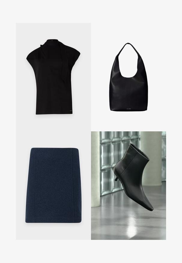 Zwarte top met hoge hals en kapmouwen, met een asymmetrisch ontwerp en een lange nekband. Gemaakt van een gladde stof met een minimalistische uitstraling.; Marineblauwe wollen minirok met een rechte vorm, platte naden en een gladde textuur. Geen zichtbare patronen of versieringen.; Zwarte leren enkellaars met spits toelopende neus en lage kittenhak, schuin weergegeven tegen een gepolijste vloer en een glazen blokken muur als achtergrond.; Zwarte leren totebag met een enkele brede schouderriem en een subtiel Calvin Klein-logo onderaan het midden.