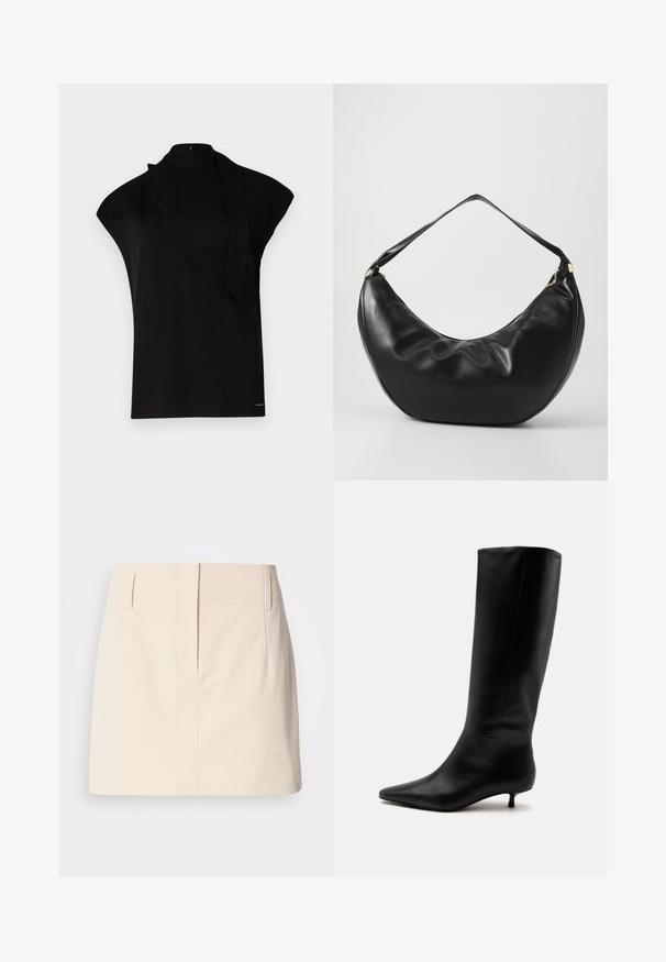 Sort, højhalset top med korte ærmer, der har et asymmetrisk design og et langt halsbånd. Lavet af glat stof med et minimalistisk udtryk.; Calvin Klein Jeans SKIRT - A-snit nederdel - fog; Sort læder knæhøj støvle med spids snude og lav kittenhæl mod en ensfarvet lys baggrund.; Sort læder skuldertaske med en buet form, blød tekstur og en enkelt rem; har en guldbeslået lynlås og diskret branding.