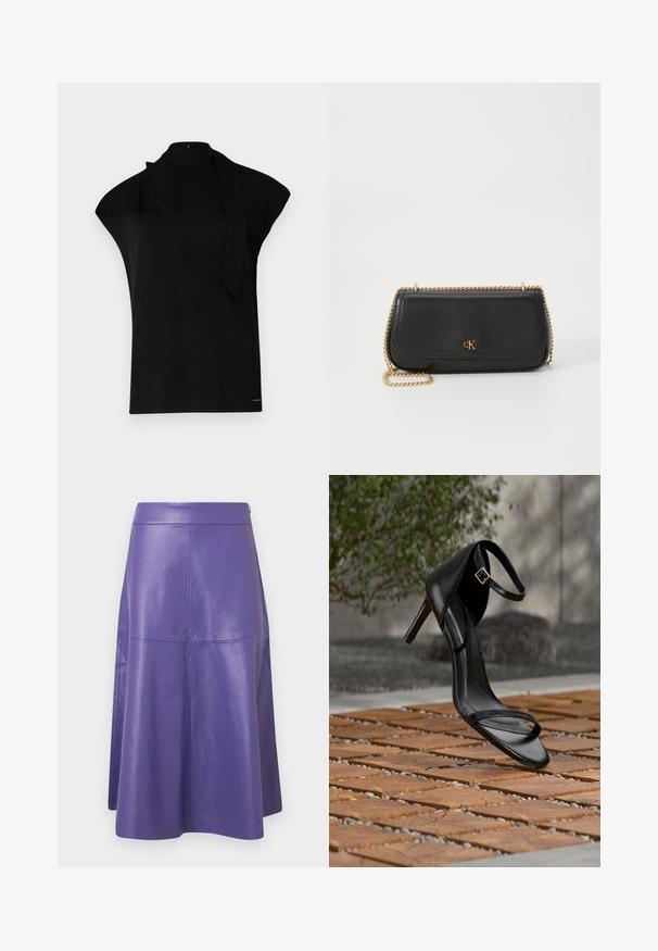 Top noir à col montant avec manches courtes, présentant un design asymétrique et une longue cravate. Fabriqué en tissu lisse au look minimaliste.; Jupe trapèze en cuir violet à texture lisse, avec des coutures verticales et un éclat subtil. Ceinture confectionnée pour une silhouette ajustée.; Sandale noire à talon haut avec sangle à la cheville, suspendue au-dessus d'un sol en carreaux de bois à l'extérieur, avec un arrière-plan flou de verdure et de pierre.; Pochette en cuir noir avec une texture lisse, de forme rectangulaire, dotée d'une bandoulière en chaîne dorée et d'un logo embossé sur le devant.