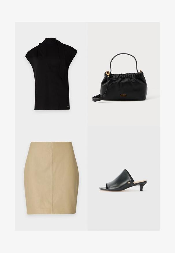 Sort, højhalset top med korte ærmer, der har et asymmetrisk design og et langt halsbånd. Lavet af glat stof med et minimalistisk udtryk.; Beige læder mini nederdel med en tætsiddende design, glat tekstur og en central søm, der løber lodret ned ad ryggen.; Sorte læder open-toe mules med en lav hæl. Har en glat overflade og et guld logo-prim på siden.; Sort lædertaske med samlet top, en kort hank og en aftagelig skulderrem. Funktionen inkluderer guldlogo accenter og en glat tekstur.