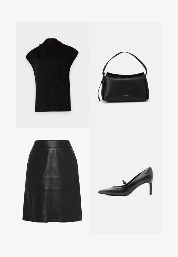 Zwarte top met hoge hals en kapmouwen, met een asymmetrisch ontwerp en een lange nekband. Gemaakt van een gladde stof met een minimalistische uitstraling.; Zwarte A-lijn rok van imitatieleren met hoge taille en zichtbare naaddetails aan de voorkant en bij de zoom.; Zwarte leren pumps met puntige neus, dunne riem en gesp over de wreef, staand op een neutrale lichte achtergrond.; Zwarte leren handtas met een gebogen vorm, een enkele schouderband en een ritsluiting aan de bovenkant. Heeft een subtiel logo aan de voorkant voor branding.