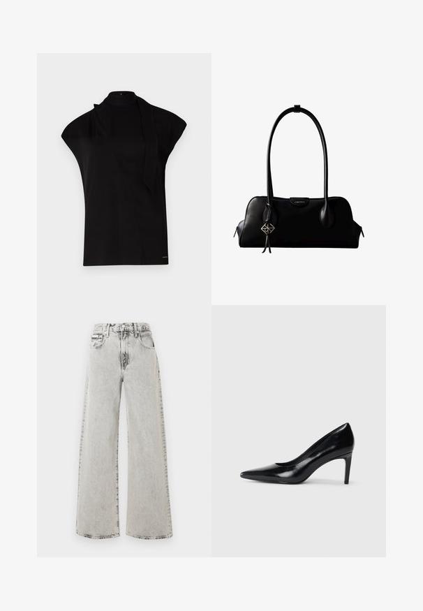 Sort, højhalset top med korte ærmer, der har et asymmetrisk design og et langt halsbånd. Lavet af glat stof med et minimalistisk udtryk.; Vide ben jeans i lys grå denim med en falmet vask, forlommer og lukkes med knap. Designet er afslappet og rummeligt.; Sort læder højhælede sko med spids tå, glat tekstur og en taperet hæl. Minimalistisk design uden yderligere udsmykninger.; Sort lædertaske fra Calvin Klein med lang skulderrem, lynlåse på siderne og en dekorativ vedhæng, der hænger fra den ene rem.