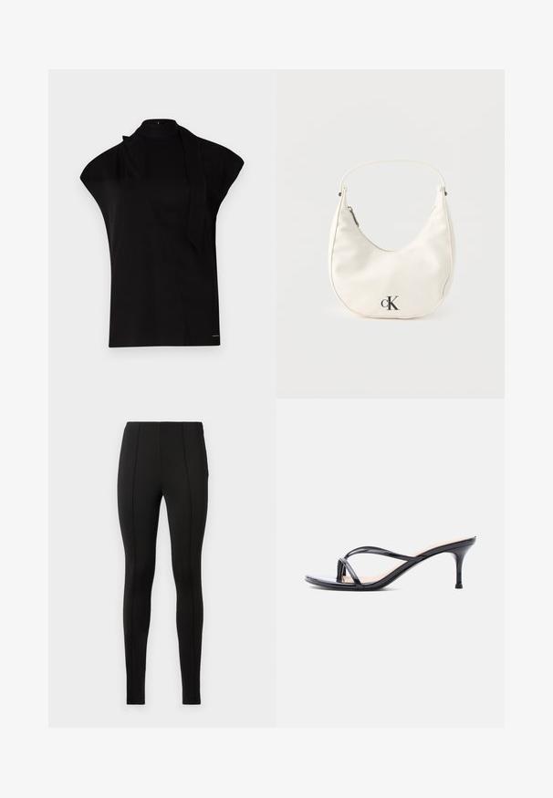 Sort, højhalset top med korte ærmer, der har et asymmetrisk design og et langt halsbånd. Lavet af glat stof med et minimalistisk udtryk.; Sorte leggings lavet af strækbart stof, med en glat tekstur, høj talje og vertikal sømdetaljering langs benene.; Sort laklædersandal med hæl, tynde krydsede remme og en slank mellemhøj stilethæl på en hvid baggrund.; Lille hvid halvmåneformet håndtaske med kort rem, lynlås og sort "cK"-logo foran.