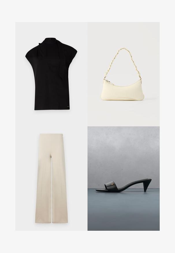 Top noir à col montant avec manches courtes, présentant un design asymétrique et une longue cravate. Fabriqué en tissu lisse au look minimaliste.; Pantalons amples beiges en tissu doux avec une texture lisse. Dotés d'une taille élastique haute pour le confort et d'un design épuré et minimaliste.; Sandale à talon ouverte en cuir noir avec un logo doré sur la bride, flottant au-dessus d'une surface extérieure carrelée avec de la verdure en arrière-plan.; Petit sac à main couleur crème avec une forme incurvée et une poignée en chaîne torsadée ton or, fermeture éclair sur le dessus