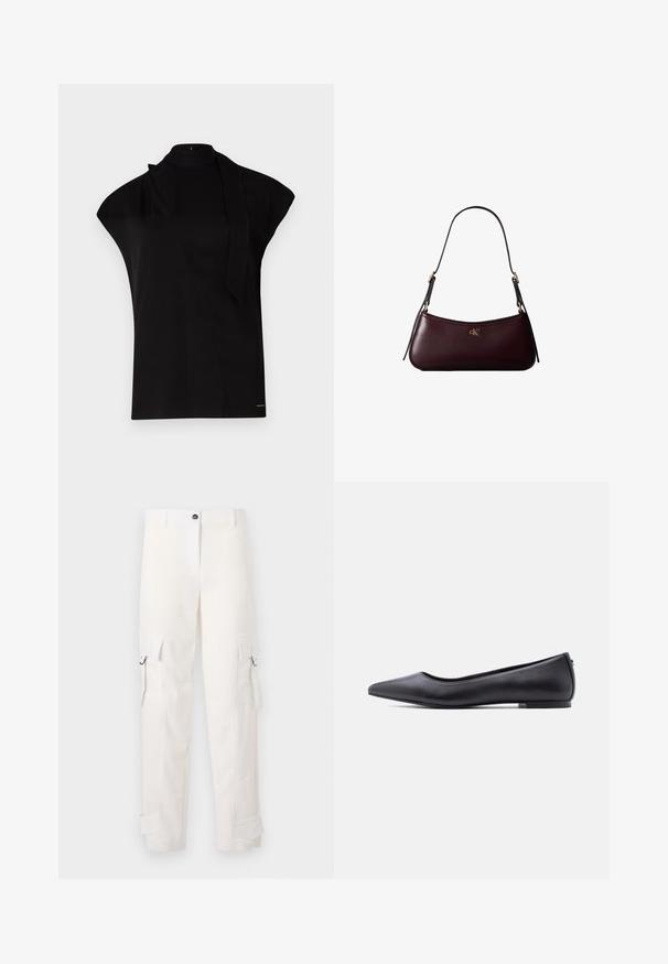 Top negro de cuello alto con mangas tipo farol, que presenta un diseño asimétrico y una larga corbata al cuello. Hecho de un tejido suave con un aspecto minimalista.; Pantalones cargo blancos de algodón, con bolsillos laterales, trabillas y puños enrollados. El diseño incluye un corte recto y un cierre de botón.; Zapato plano de cuero negro con punta puntiaguda y tacón bajo, mostrado de perfil contra un fondo blanco.; Bolso de mano de cuero burdeos oscuro con una delgada correa negra para el hombro y pequeño logo dorado "cK" en el centro delantero.