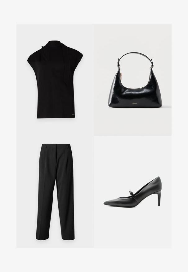 Zwarte top met hoge hals en kapmouwen, met een asymmetrisch ontwerp en een lange nekband. Gemaakt van een gladde stof met een minimalistische uitstraling.; Zwarte op maat gemaakte broek met een recht model, voorzien van een textuurstof, voorplooien en een gladde tailleband.; Zwarte leren pumps met puntige neus, dunne riem en gesp over de wreef, staand op een neutrale lichte achtergrond.; Zwarte glanzende Calvin Klein handtas met gouden rits en korte band tegen een effen witte achtergrond.
