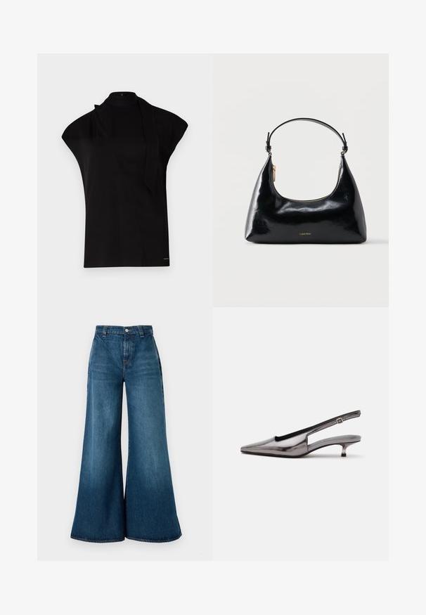 Sort, højhalset top med korte ærmer, der har et asymmetrisk design og et langt halsbånd. Lavet af glat stof med et minimalistisk udtryk.; Bredde ben denim jeans i mørkeblå vask, med høj talje, frontknaplukning og klassisk fem-lomme design. Glat tekstur.; Metalgrå spids slingback-sko med lav kittenhæle og justerbar rem på hvid baggrund.; Sort blank Calvin Klein håndtaske med gyldent lynlås og kort rem mod en ensfarvet hvid baggrund.