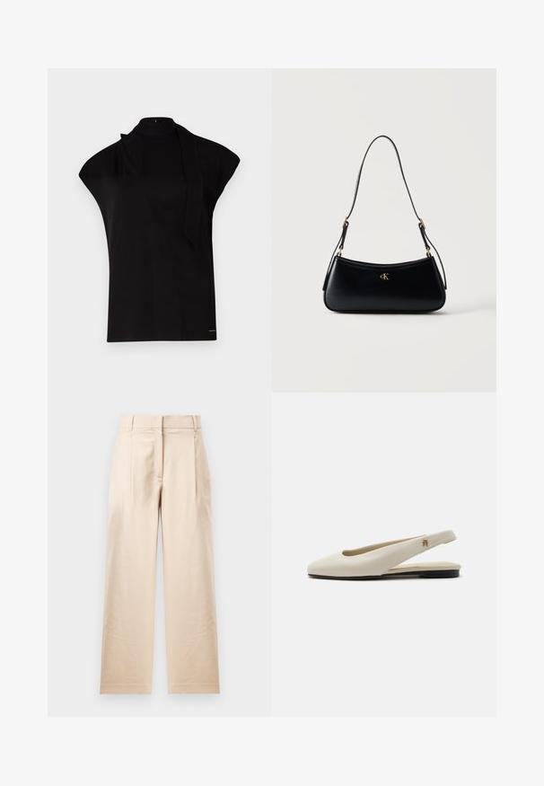 Schwarzes, hochgeschlossenes Oberteil mit kurzen Ärmeln, das ein asymmetrisches Design und eine lange Halsschleife aufweist. Hergestellt aus glattem Stoff mit einem minimalistischen Look.; Beige Hose aus glattem Stoff. Mit geradem Schnitt, flachem Bund und zwei Falten. Keine sichtbaren Muster oder Beschläge.; cremefarbiger Lederslingback-Flachschuh mit rundem Zehenbereich und kleinem goldfarbenem Emblem am Riemen.; Schwarze Leder-Schultertasche mit geschwungener Form, verstellbarem Riemen und goldenem "cK"-Logo vorne in der Mitte.