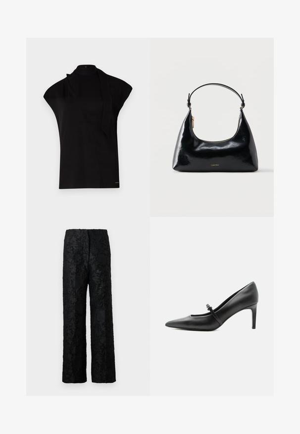 Top noir à col montant avec manches courtes, présentant un design asymétrique et une longue cravate. Fabriqué en tissu lisse au look minimaliste.; Pantalon noir avec un motif floral texturé, fabriqué dans un matériau doux, présentant une coupe ample à jambes larges et une taille haute.; Escarpin noir en cuir à bout pointu avec une fine bride et une boucle sur le cou-de-pied, posé sur un fond clair neutre.; Sac à main Calvin Klein noir brillant avec fermeture éclair dorée et anse courte sur fond blanc uni.