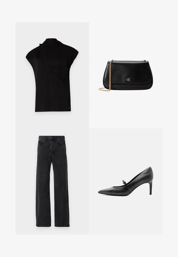Sort, højhalset top med korte ærmer, der har et asymmetrisk design og et langt halsbånd. Lavet af glat stof med et minimalistisk udtryk.; Sorte denimjeans med bred ben-design, der har en klassisk fem-lomme stil, knaplukning og diskret falmning.; Sort læderspids højhælede sko med tynd rem og spænde over vristen, stående på en neutral lys baggrund.; Sort læder skuldertaske med guldkæde strop og lille gyldent CK-logo på frontklappen.