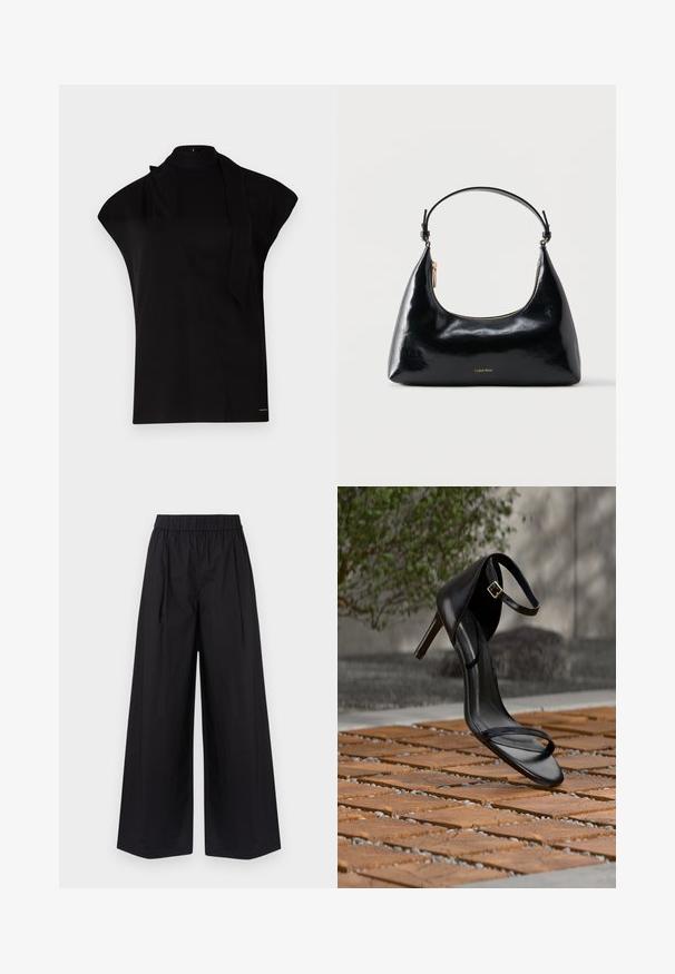 Top negro de cuello alto con mangas tipo farol, que presenta un diseño asimétrico y una larga corbata al cuello. Hecho de un tejido suave con un aspecto minimalista.; Pantalones de pierna ancha negros, hechos de una tela suave, con una cintura elástica y sin bolsillos ni detalles de hardware visibles.; Sandalia negra de tacón alto con correa en el tobillo, parece suspendida sobre un suelo de baldosas de madera al aire libre, con un fondo difuminado de vegetación y piedra.; Bolso negro brillante de Calvin Klein con cremallera dorada y correa corta sobre un fondo blanco liso.