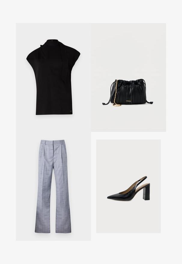 Zwarte top met hoge hals en kapmouwen, met een asymmetrisch ontwerp en een lange nekband. Gemaakt van een gladde stof met een minimalistische uitstraling.; Grijze geruite broek met een wijd uitlopende stijl, voorzien van plooien en een subtiele textuur. Gemaakt van lichtgewicht stof met een getailleerde pasvorm.; Zwarte leren damesslingback met spitsen teen en hoge blokhak op een lichte achtergrond.; Zwarte plissé leren handtas met trekkoord, gouden kettingriem en een klein horizontaal gouden accent aan de voorkant.