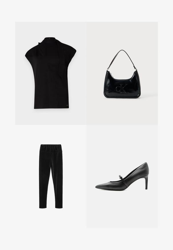 Sort, højhalset top med korte ærmer, der har et asymmetrisk design og et langt halsbånd. Lavet af glat stof med et minimalistisk udtryk.; Sorte velour leggings med elastisk talje og en glat, skinnende tekstur. Slim fit med tapered ben-design.; Sort læderspids højhælede sko med tynd rem og spænde over vristen, stående på en neutral lys baggrund.; Sort patentlæder håndtaske med et buet topgreb, lynlåsslukning og prægede "cK" logo på fronten. Glat tekstur, struktureret form.