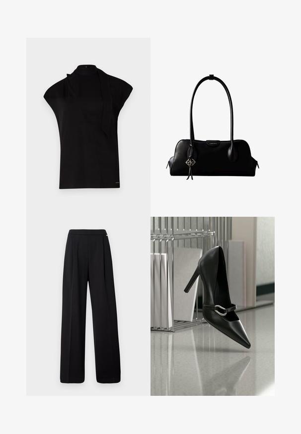 Zwarte top met hoge hals en kapmouwen, met een asymmetrisch ontwerp en een lange nekband. Gemaakt van een gladde stof met een minimalistische uitstraling.; Zwarte wijde broek met hoge taille, voornaden en een gladde tailleband, weergegeven tegen een witte achtergrond.; Zwarte puntige hoge hak met een zilveren gesp, geplaatst op een reflecterend oppervlak naast een metalen bestandhouder met papieren.; Zwarte leren Calvin Klein handtas met lange hengsels, een logo-label aan de voorkant en een zilverkleurige geometrische hanger die aan één hengsel hangt.