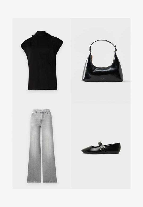 Schwarzes, hochgeschlossenes Oberteil mit kurzen Ärmeln, das ein asymmetrisches Design und eine lange Halsschleife aufweist. Hergestellt aus glattem Stoff mit einem minimalistischen Look.; Weite graue Denim-Jeans mit einem verwaschenen Finish, Vordertasche und Knopfverschluss. Sie verfügen über ein gerades Bein und einen klassischen Saum.; Schwarzer Ledermary-Jane-Flachschuh mit abgerundetem Zehenbereich und silberner Schnalle auf einfachem Hintergrund.; Schwarze, glänzende Calvin Klein Handtasche mit goldfarbenem Reißverschluss und kurzem Trageriemen vor schlichtem weißem Hintergrund.