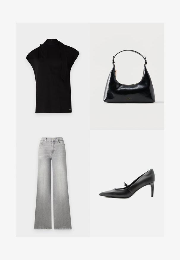 Schwarzes, hochgeschlossenes Oberteil mit kurzen Ärmeln, das ein asymmetrisches Design und eine lange Halsschleife aufweist. Hergestellt aus glattem Stoff mit einem minimalistischen Look.; Weite graue Denim-Jeans mit einem verwaschenen Finish, Vordertasche und Knopfverschluss. Sie verfügen über ein gerades Bein und einen klassischen Saum.; Schwarzer Leder-Pumps mit spitzer Zehenpartie, dünnem Riemen und Schnalle über dem Spann, stehend auf hellem neutralem Hintergrund.; Schwarze, glänzende Calvin Klein Handtasche mit goldfarbenem Reißverschluss und kurzem Trageriemen vor schlichtem weißem Hintergrund.